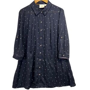 Maeve Monika Anthropology Med Navy Polka Dot Tunic Top Button Up Shirt Roll Tab